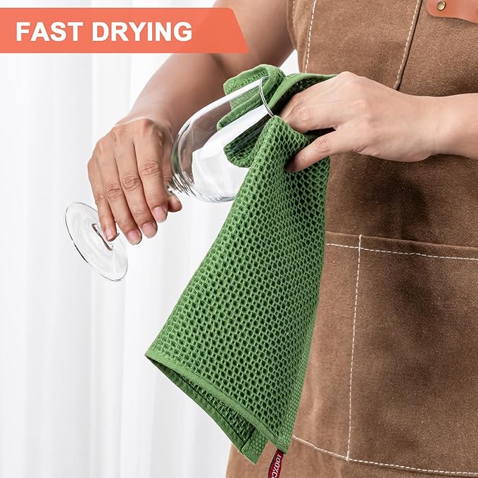 BOOMIBOO 6-Pack Kitchen Dish Cloths, 100% Cotton Waffle Weave, Ultra Soft Absorbent, Quick Drying Dish Towels, 12x12 Inches,Grass Green