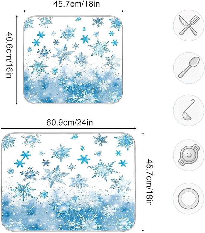 Winter Snowflake Blue Dish Drying Mat for Kitchen Countertop 16x18 Christmas Snowman White Xmas Small Drying Mat Reusable Quick Dry Dish Sink Mats Easy Clean Decorative Essentials