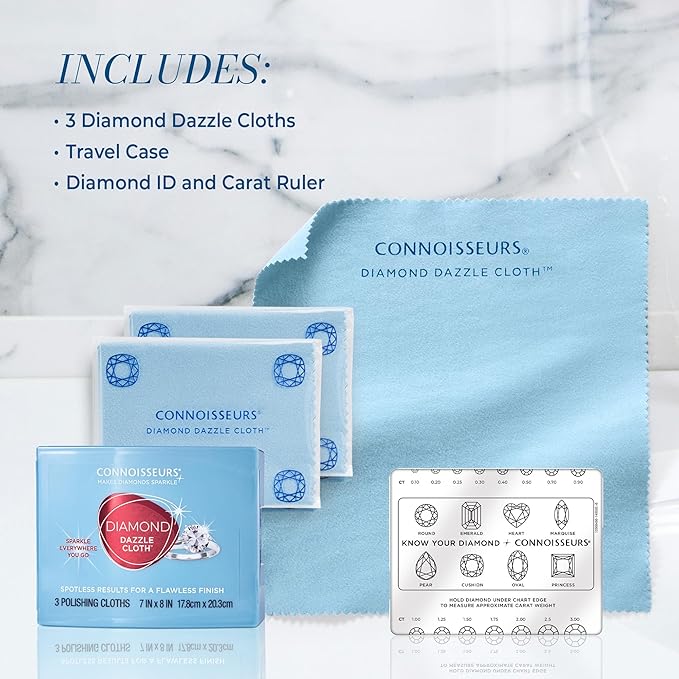 CONNOISSEURS Diamond Dazzle Cloth for Jewelry and Precious Stones - 3 Pack - Ultrasoft Microsuede Jewelry Cleaner Cloth - Includes Travel Case