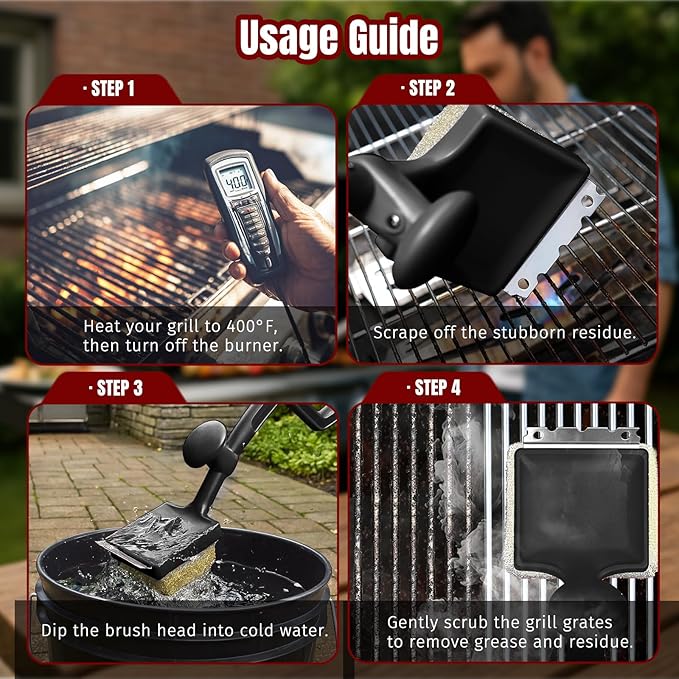 Grill Brush Bristle Free with Aramid Fiber - 600°F Heat Resistant Steam Cleaning Brush, Dual Handle BBQ Grill Cleaning Brush with Scraper, Replaceable Head for Outdoor Grill Weber Traeger Grates