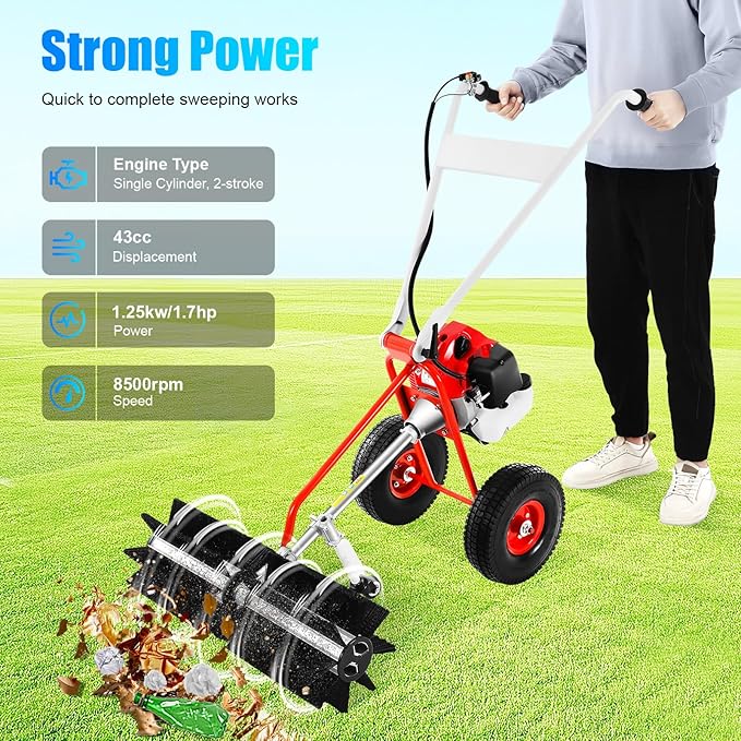 43CC Gas Powered Walk-Behind Outdoor Hand Push Sweeper,1.7HP 2-Stroke Handheld Sweeper Snow Sweeping Broom, Broom Walk Behind Driveway Turf Lawns Cleaning Driveway Tools for Lawn Leaf