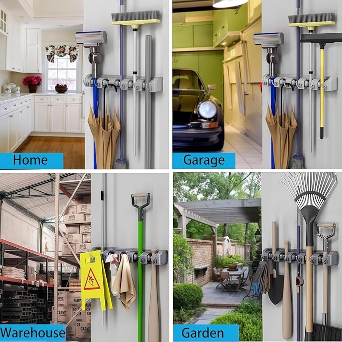Wall Mount Broom and Mop Holder, Heavy Duty Long Handle Garden Tool Organizer with Hooks & Slots, Garage Storage Wall Hanger for Shovel, Rake, Kitchen, Laundry & Shed