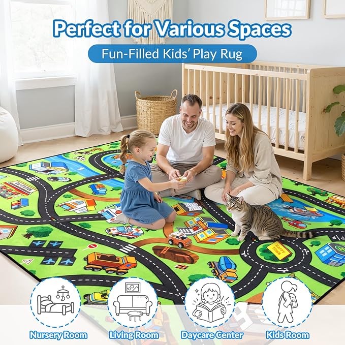 Kids Rug, 3x5 Ft City Farm Play Rug for Children, Extra Thick (0.4in) Car Carpet Play Mat with Bright Colors, Soft & Non-Slip Toy Car Mats with Roads for Kids Room, Playroom and Nursery