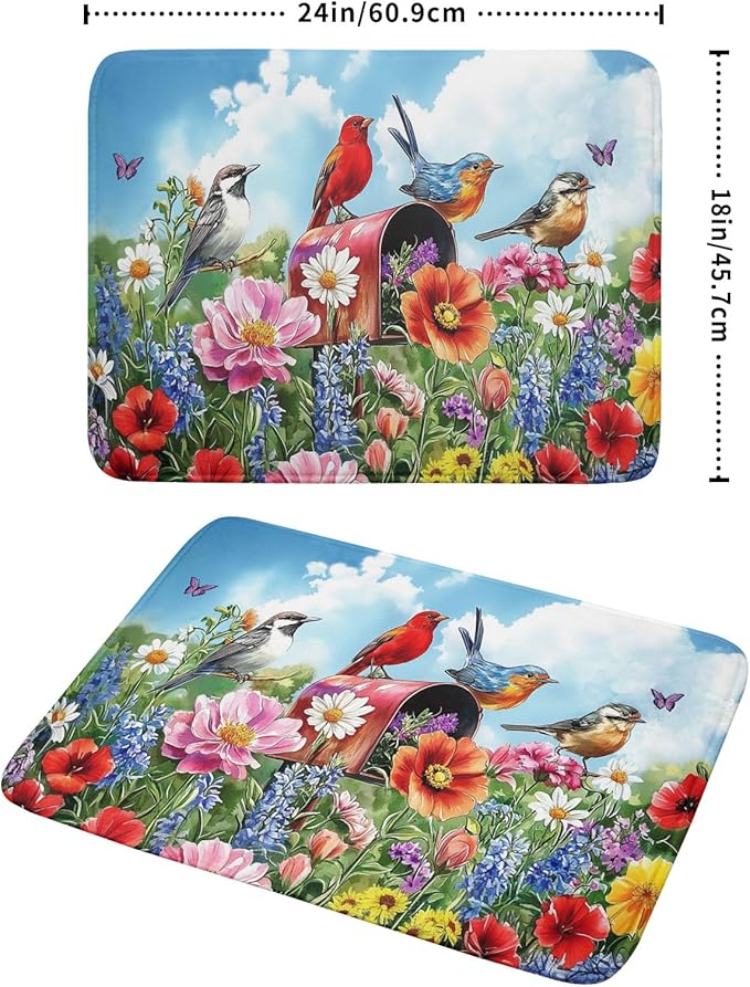 Khope Spring Floral Birds Dish Drying Mat for Kitchen Counter 18x24 Inch Colorful Butterfly Flowers Reusable Washable Farmhouse Flower Drying Pad Countertop Home Decor