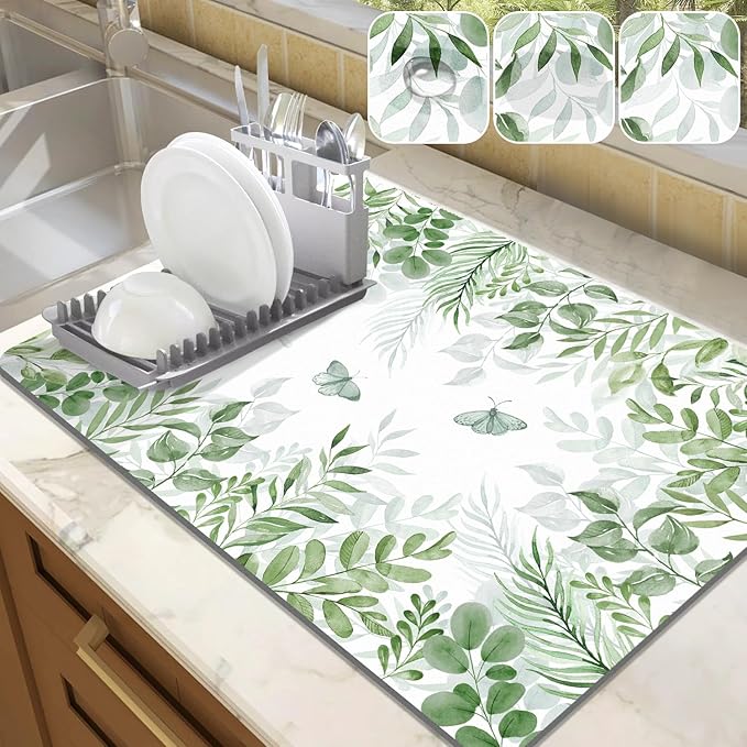 LOKHOM Dish Drying Mat for Kitchen Counter, 18"x24" Absorbent Mat with Green Plant & Butterfly Pattern, Drain Rack Mat for Counter Coffee Maker, Dining Room Decor