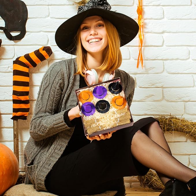 48 Pcs Mini Witch Hats and Broom for Crafts Halloween Wizard Accessories for Party Favors Decor (Black Purple Orange,1.97 Inches)