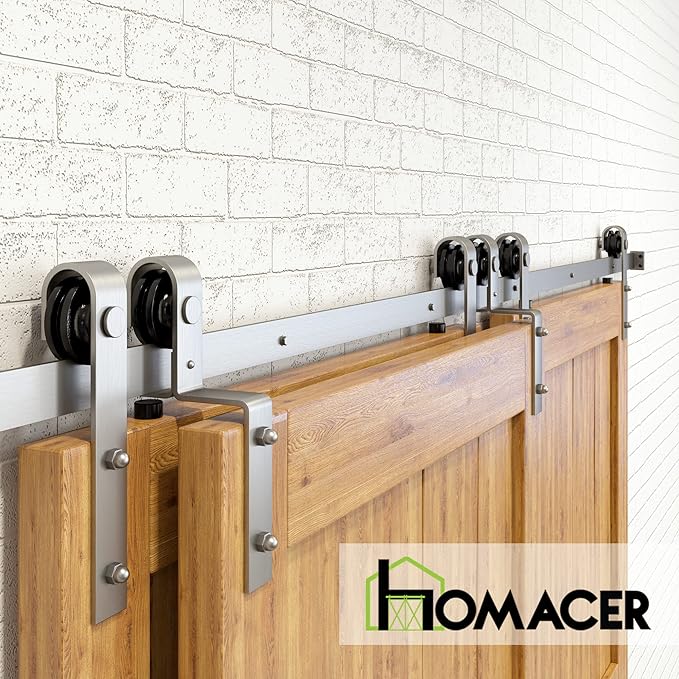 Homacer Brushed Nickel Single Track Bypass Sliding Barn Door Hardware Kit, for Three Doors, 10ft Long Flat Track, Classic Design Roller, (2 Flat+ 1 Bent Roller Set)