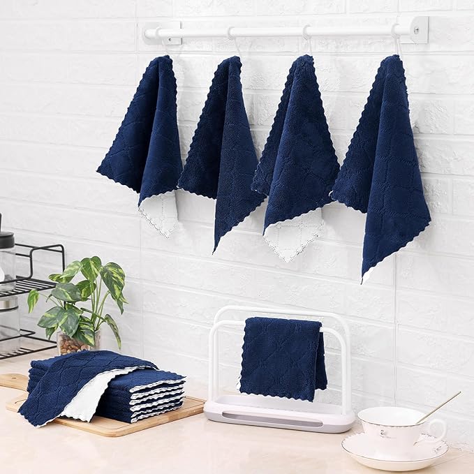 Mordimy 24 Pack Kitchen Cloths Dish Towels (10" x 10", Navy Blue & White), Super Soft and Absorbent Dish Cloths, Coral Velvet Microfiber Cleaning Cloth, Nonstick Oil Fast Dry Dishcloths