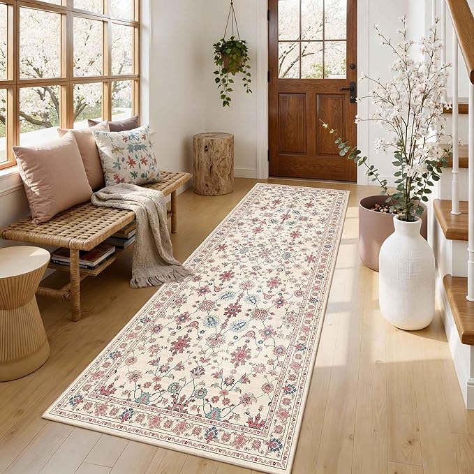 2x6 Floral Runner Rug, Washable Runners for Hallways, Pink Vintage Boho Kitchen Rugs, Non Slip Hallway Runner Carpet for Indoor Hallway, Kitchen, Laundry Room and Bathroom