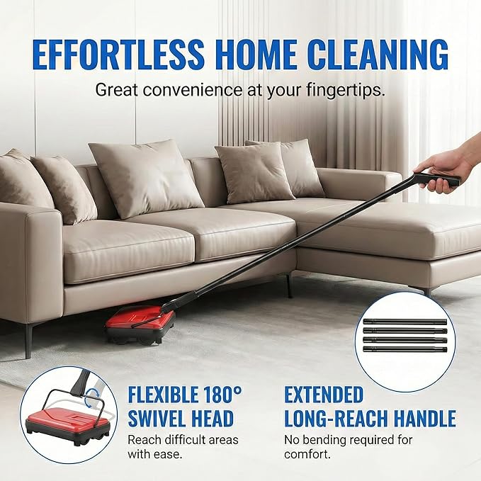 Manual Carpet Sweeper, Electric-Free Quiet Floor Sweeper with 300ml Easy-Empty Dustbin, 6.7” Cleaning Width for Pet Hair, Crumbs, Dust on Carpets, Hardwood, Tile - Home & Office Use (Red)
