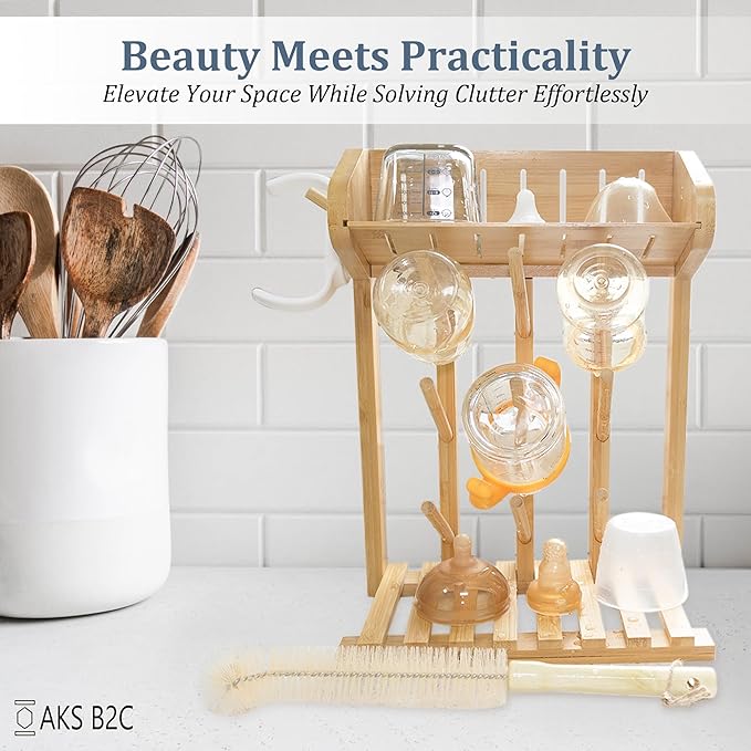 Bamboo Baby Bottle Drying Rack, Vertical Space Saving Kitchen Organizer, 9 Bottle Capacity, Countertop Storage Holder and Bottle Dryer with Draining Base (Comes with a Free Cleaning Brush)