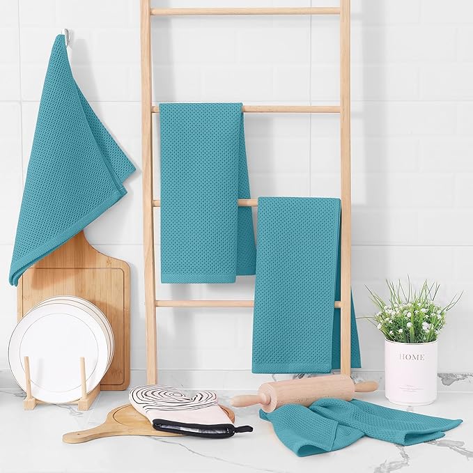 Homaxy 100% Cotton Waffle Weave Kitchen Towels, 3-Pack Ultra Soft Absorbent Dish Towels, Quick Drying Cleaning Towels, 13 x 28 Inches, Lake Blue