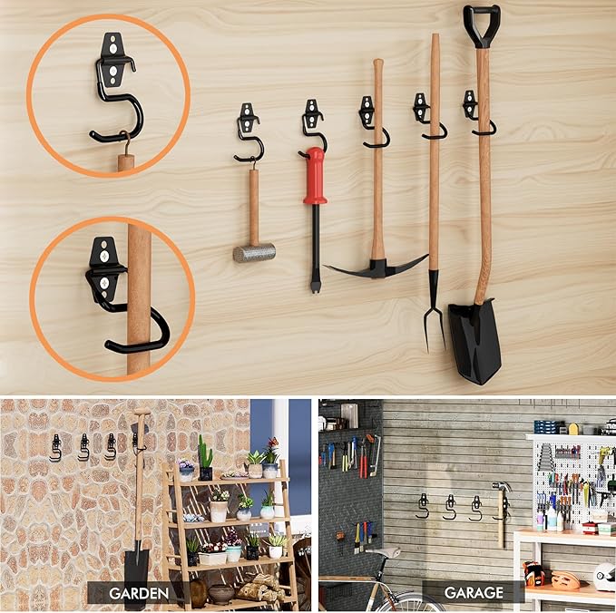 LIGHT DUST Broom Holder Wall Mount - 12 Pack Tool Hangers Garage Wall Hanging Organizer - Heavy Duty Metal Large S Hooks for Mop Shovel Rake Shed Garden Lawn Yard Handle Tools Organization (Black)