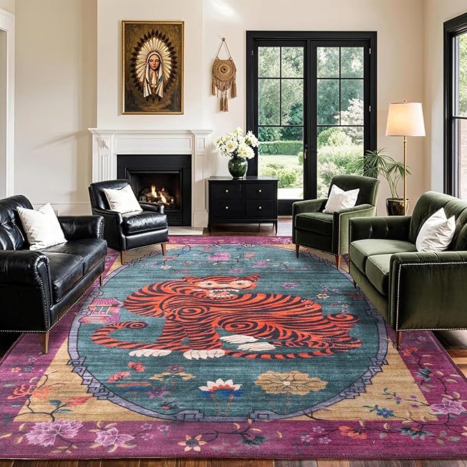 Vintage Tiger Rug Washable 8x10 FT Oriental Traditional Animal Print Purple-Green Floral Tibetan Rugs for Bedroom Kitchen Living Room Indoor Entryway Carpet Thin Rug