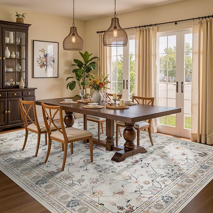 Floral Rug for Living Room Bedroom, 6x9 Washable Rug, Vintage Boho Area Rug, Large Non Slip Low Pile Wool Carpet for Indoor Dining Room,Girls Room,Nursery Room and Kids Room(Grey 6x9ft)