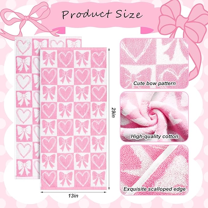 Frienda 4 Pcs Pink Bow Hand Towels for Bathroom 13 x 29'' Soft 100% Cotton Valentines Day Decorative Towel Coquette Bow Kitchen Decor Absorbent Pink Preppy Bathroom Decor Bridal Shower Wedding Gift