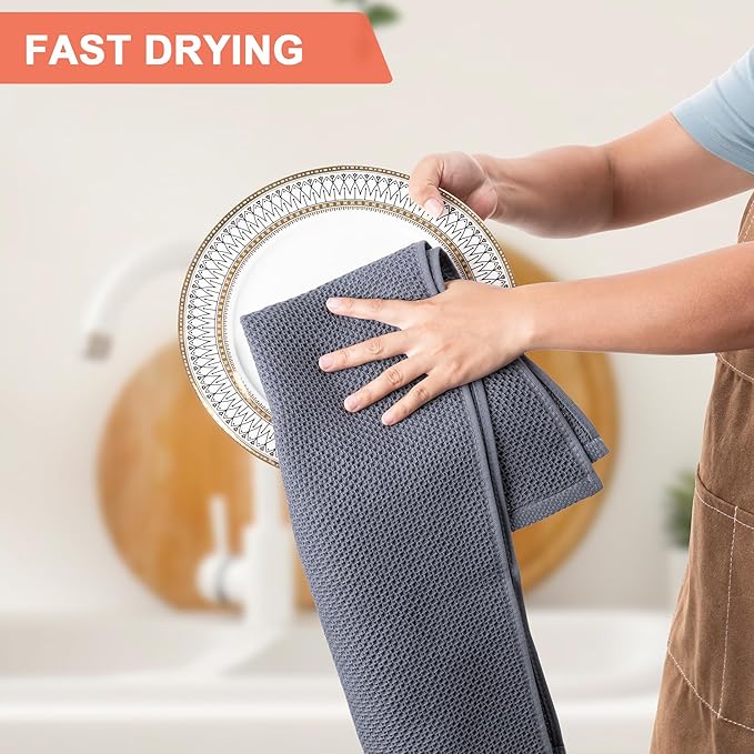 BOOMIBOO 4-Pack Dish Towels, 100% Cotton Waffle Weave, Ultra Soft Absorbent, Quick Drying, Grey, 13x28 Inches