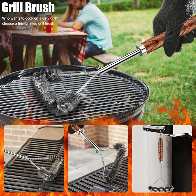 31pcs BBQ Grill Accessories Gifts for Men Dad, Heavy Duty Grilling Tools Gift Set for Father‘s Day, Stainless Steel BBQ Utensils Kit with Mats, Grill Brush in Carrying Bag Brown