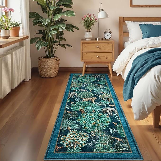 GarveeHome Jungle Rug 2.5x10 Kitchen Runner Rug Non Slip Washable Runners for Hallways, Animal Print Runner Rugs with Rubber Backing Soft Low-Pile Forest Long Carpet for Bedroom Entryway Laundry, Blue