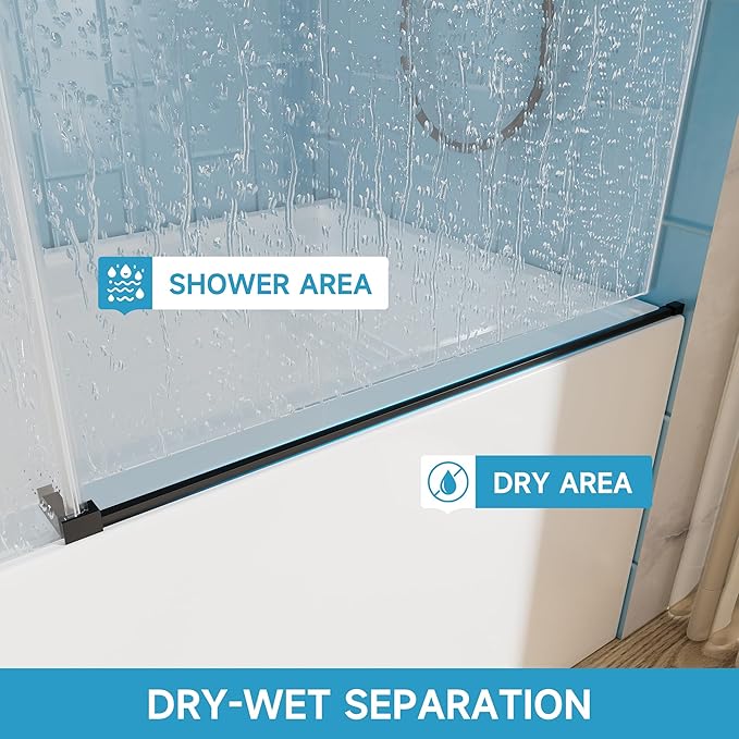 56-60" W x 60" H Frameless Bathtub Sliding Door, 5/16"(8mm) Tempered Glass Tub Shower Door with Explosion-Proof Film and Nano-Coated, Heavy Duty Stainless Steel Components, Matte Black