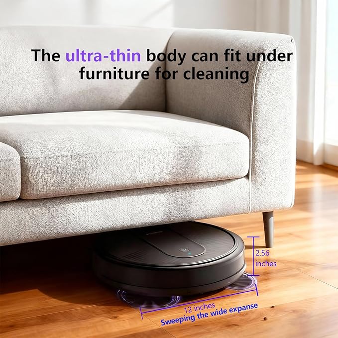 Robot Vacuum Cleaner, 3000Pa Powerful Suction, 2.56-inch Ultra-Slim Body, 120-Minute Long Battery Life, Quiet Operation, Smart Navigation, Suitable for Hard Floors/Low-Pile Carpets/Pet Hair-Black.