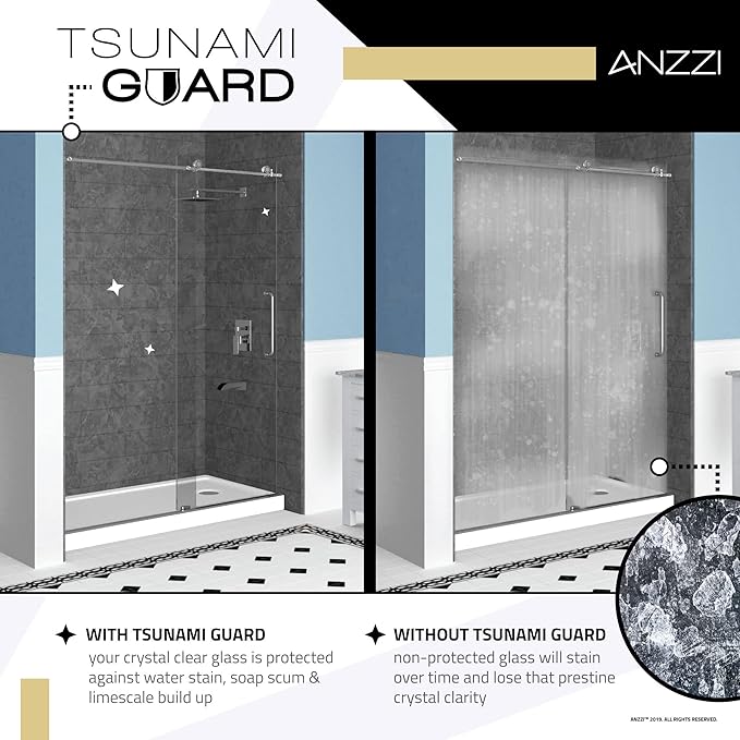 ANZZI 72 x 60 inch Framed Shower Door in Brushed Nickel, Halberd Water Repellent Glass Shower Door with Seal Strip Parts, Easy Glide Rollers Sliding Shower Door, SD-AZ052-02BN