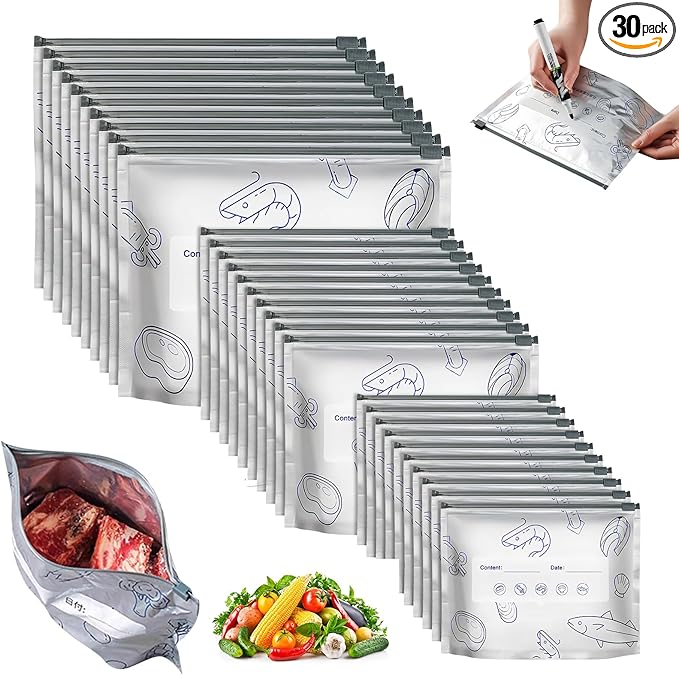 Reusable Aluminum Foil Food Storage Bags, Resealable Ziplock Stand-Up Bags, Airtight Seal for Freezer Fridge Pantry, with Label & 3 Sizes, BPA-Free, for Meat Fruit Vegetables Snacks, 30 Pack