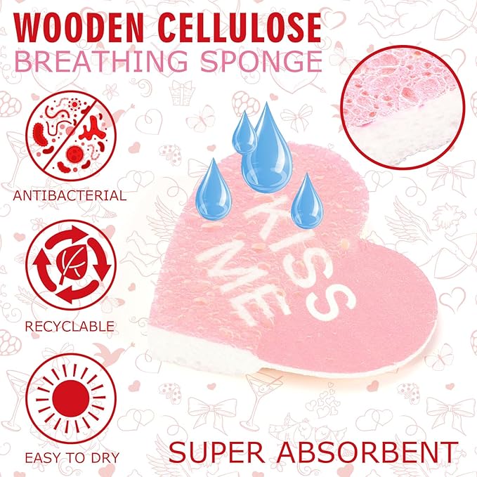 Whaline 8Pcs Valentine’s Day Kitchen Sponges Water Absorbing Dish Washing Sponge Red Pink Conversation Heart Non Scratch Cleaning Scrub Sponges for Holiday Home Kitchen Bathroom