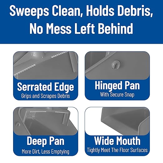 SPARTA Upright Dustpan with Aluminum Handle, Serrated Edge for Broom Combing, Secure Yoke Lock with Easy Storage Hanging Hole for Commercial Cleaning, Plastic, 30 Inches, Gray