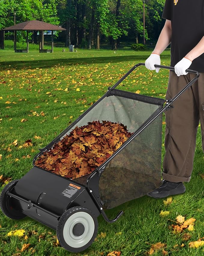 26-Inch Push Lawn Sweeper, 7 Cu. Ft. Hopper Capacity Leaf & Grass Collector with 4 Spinning Brushes, Adjustable Height, for Grass Clippings, Leaves & Debris, Black