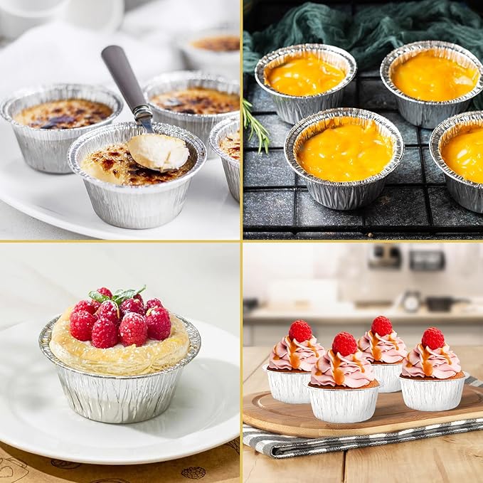 Aluminum Foil Baking Cups 150 Pcs, SUPPHOUS 5 Oz Disposable Ramekin Aluminum Cupcake liners, Silver Foil Baking Cups Muffin Liners for Cupcake, Baking, Egg Tart, Pudding, Creme Brulee