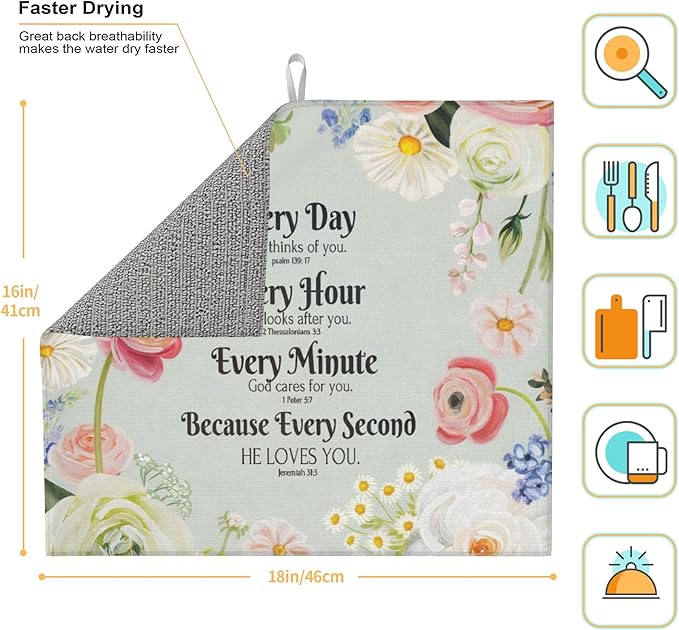Vintage Country Watercolor Wildflowers Dish Drying Mat for Kitchen Counter, 16"x18" Microfiber Absorbent Fast Dry Mat, 2Pcs Dish Mat Faucet Mats Sets, Large Drying Kitchen Mat Kitchen Drying Pad