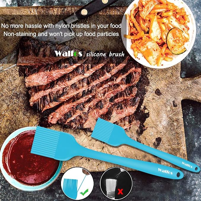 Walfos Silicone Basting Pastry Brush, Heat Resistant Pastry Brush Set, Strong Steel Core and One-Pieces Design, Perfect for BBQ Grill Baking Kitchen Cooking, BPA Free and Dishwasher Safe, 2 Pcs (Blue)