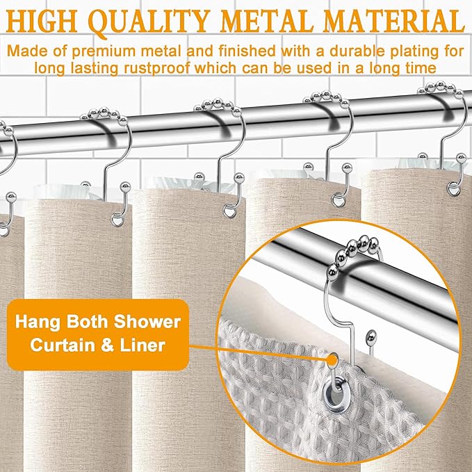 Shower Curtain Hooks,12 Pcs Rustproof Metal Shower Curtain Rings,Free Sliding Double Shower Hooks for Shower Curtain & Liners,Shower Curtain Hangers for Bathroom Shower Curtain Rods Curtains (Silver)