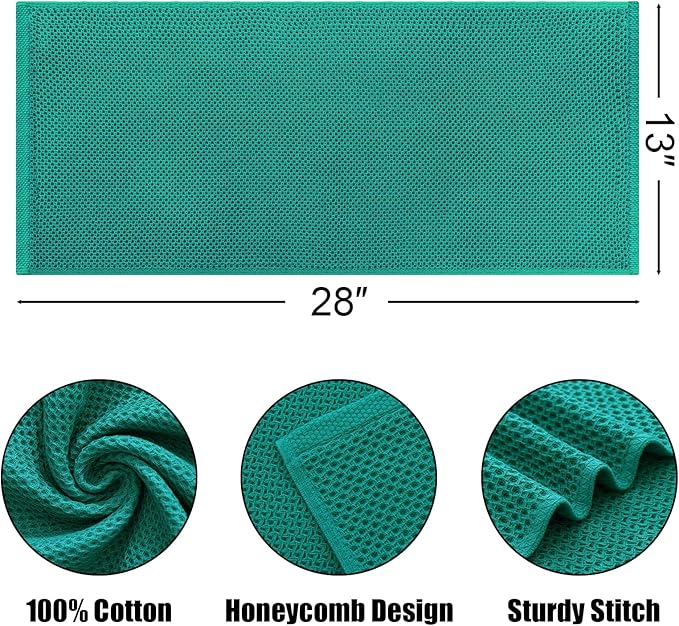 Kitinjoy 100% Cotton Waffle Weave Kitchen Hand Towels (13 x 28 Inches, Teal), 4-Pack Super Soft and Absorbent Dish Towels for Drying Dishes