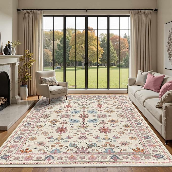 Pink Rug for Living Room Bedroom, Floral 8x10 Washable Rug,Vintage Boho Area Rug, Large Non Slip Flower Carpet for Indoor Dining Room,Girls Room,Nursery Room and Kids Room(Blush Pink 8x10ft)