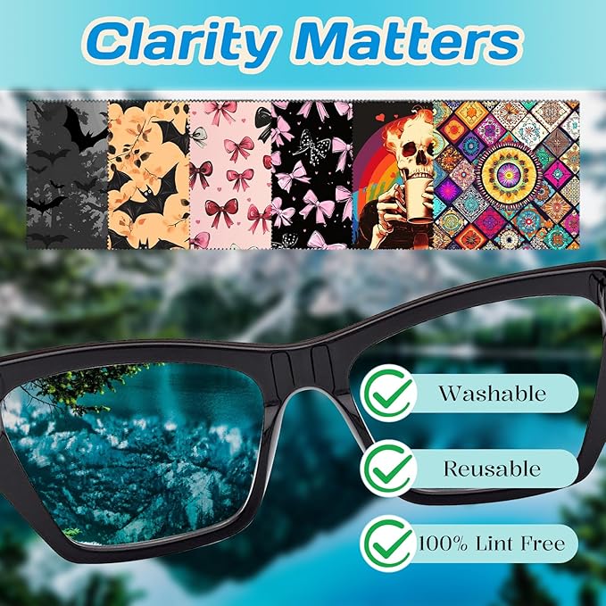6 PCS Glasses Cleaning Cloth Eyeglass Lens Cleaning Cloth Eyeglasses Wipes Microfiber Reusable Soft for Phone Screens Camera Unisex Women Girls Cute Aesthetic (6.3"x6.3")-Bat Bowknot
