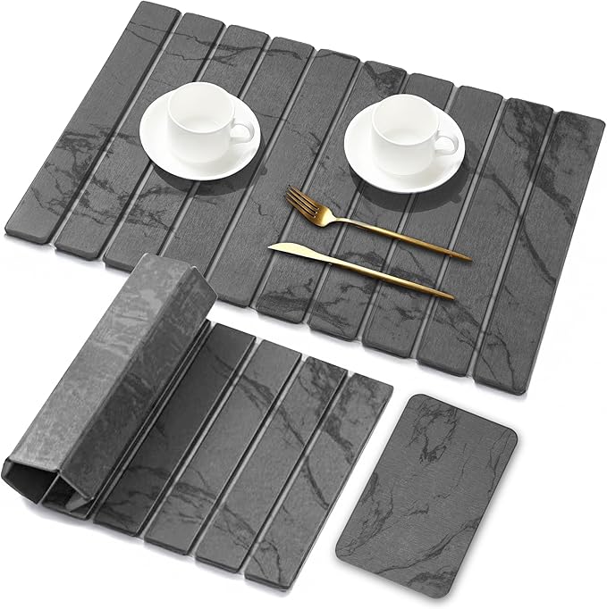 Large Stone Dish Drying Mat for Kitchen Counter, 2PCS Stone Drying Mat for Kitchen Counter, Foldable Water Absorbing Diatomaceous Earth Drying Pad for Bottles Dish Cups(Dark Gray 24"×16" & 8"x5")