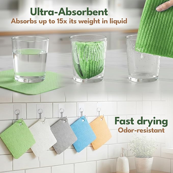 5 Pack Cellulose Swedish Dishcloths for Kitchen - Eco-Concious Reusable Dish Towels & Cloths - Super Absorbent, Odor Resistant and Fast Drying Wash Cloths for Dishes & Surfaces
