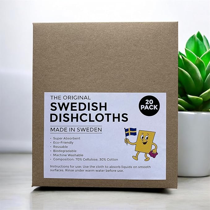 Original Swedish Dishcloths – 20 Pack Reusable Cellulose Sponge Cloths | Made in Sweden | Eco-Friendly, Absorbent Dish Rags for Kitchen, Counters & Household Cleaning