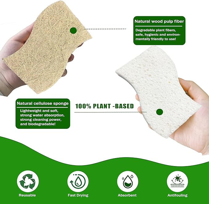 UCCO Eco Friendly Biodegradable Kitchen Sponges 12 Pack – Natural Compostable Cellulose with Coconut Scrubber – Sustainable Zero Waste Dish Sponges Set