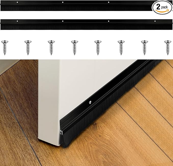 Frienda 2 Set Door Brush Bottom Sweep Brush Weather Stripping Aluminum Door Seal with Screws for Gaps up to 1 Inch, for Home, Commercial Gate, Fill Gaps Dust, Debris (1 x 48 Inch,Black)