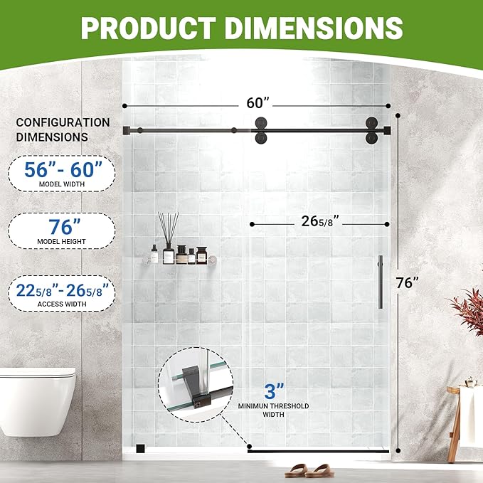 Frameless Sliding Shower Door 56–60 in W x 76 in H, 8mm Clear Tempered Glass Shower Doors Glass Sliding 60 Inches, Double Nano Coating, Stainless Steel Hardware, Silent Smooth Rollers, Matte Black