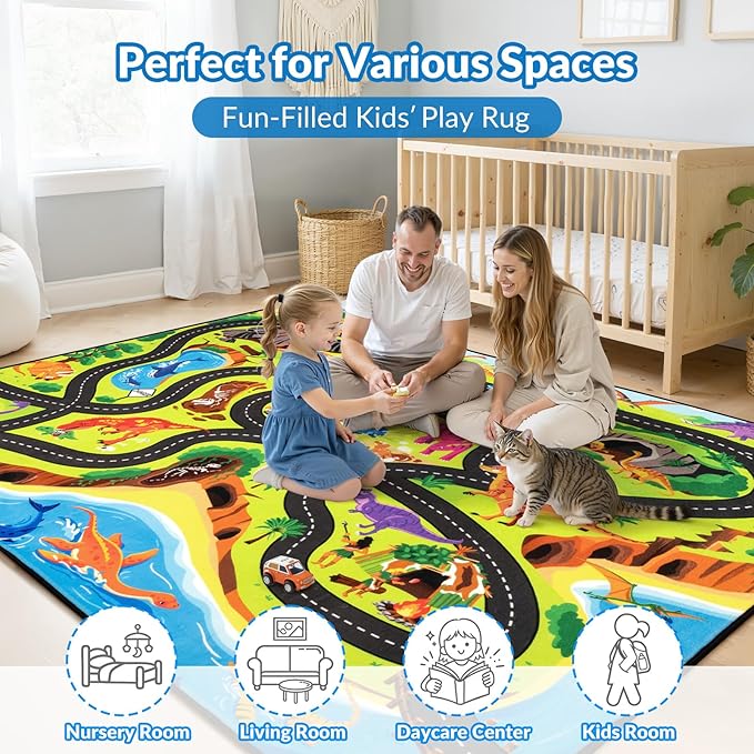 Kids Rug, 3x5 Ft Dinosaur Road Map Rug for Kids, Soft Flannel Play Mat with Non-Slip, Easy to Clean, Cushioned Baby Play Mat Carpet to Boost Motor Skills & Imagination