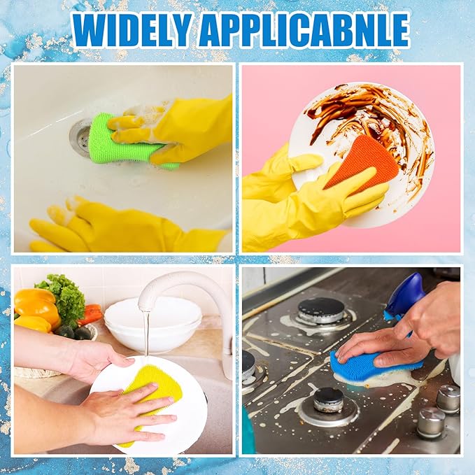 Patelai 10 Pieces Silicone Dish Sponge Silicone Scrubber Reusable Kitchen Scrubbing Cleaning Sponge Soft Dish Scrubber for Fruit Vegetable (Hanging Brush)
