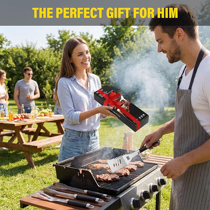 BBQ Grill Accessories Set, Grill Tools Grilling Accessories Grilling Gifts for Men - Spatula, Fork, Brush, Tongs & Cleaning Brush - Outdoor Barbecue Utensils Gifts for Men Dad Him (Black)