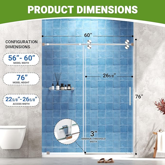 Frameless Sliding Shower Door 44–48 in W x 76 in H, 5/16" (8mm) Clear Tempered Glass Shower Doors Glass Sliding 48 Inches, Double Nano Coating, Stainless Steel Hardware, Silent Smooth Rollers, Chrome