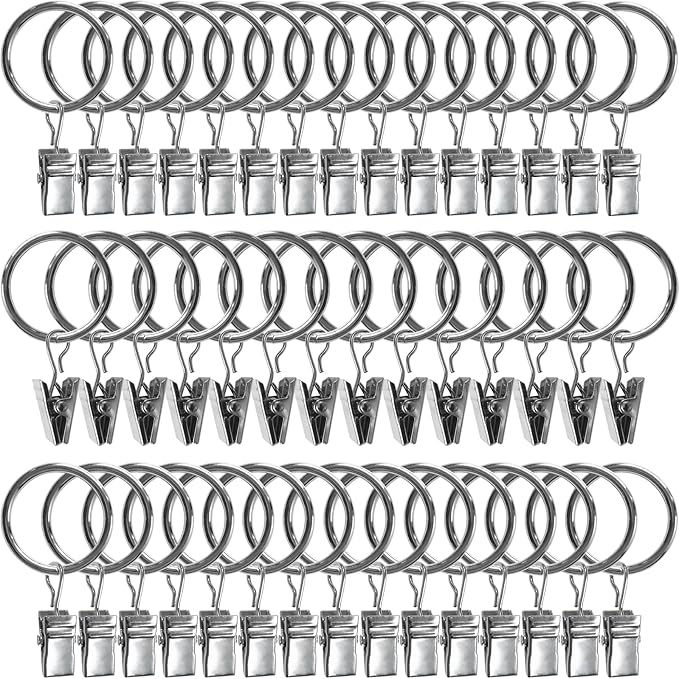 100 Pack Metal Curtain Rings with Clips, Drapery Clips with Rings, Drapes Rings 1 inch Inner Diameter, Fits Diameter 5/8 inch Curtain Rods, Silver