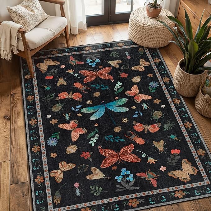 3x5 Rug for Entryway Bedroom, Black 3x5 Washable Area Rug, Floral Vintage Retro Boho Throw Rug, Non Slip & Low Pile Small Carpet for Indoor Kitchen, Bedside, Living Room, Bathroom and Dining
