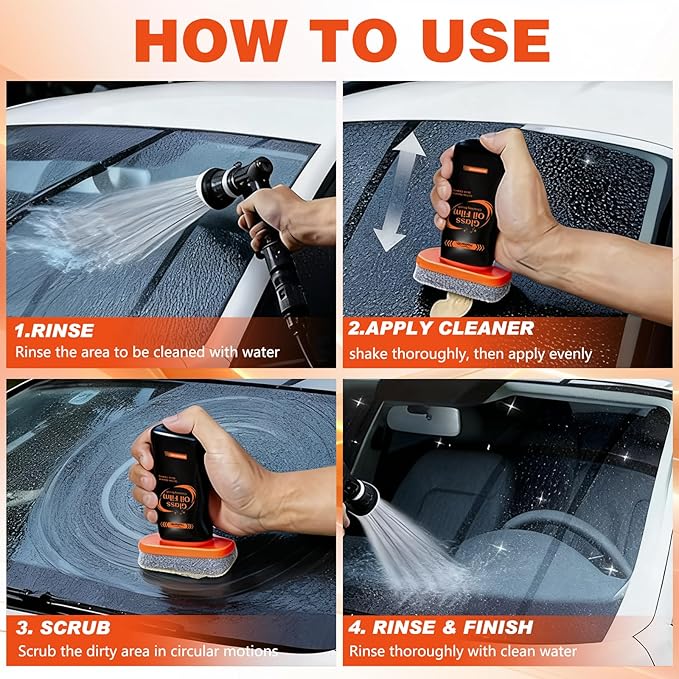 2PC Car Glass Cleaner Oil Film Remover, 100ml Glass Compound with Cleaning Brush, Windshield Cleaner Tool for Automotive Windshield/Window/Mirror Cleaning
